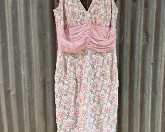 60s Miss Elliette California Pink Floral Lace Dress — Ruched Waist