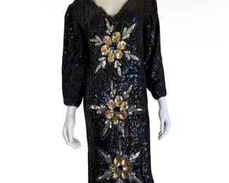 NYE Vintage 80s Fully Sequined Cocktail Dress – Black w/ Gold + Silver Floral Beading – Size M/L