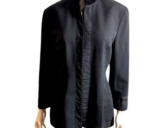 90s Black Statement Blazer w Velvet Mandarin Collar & Ribbed Detailing by CiZi