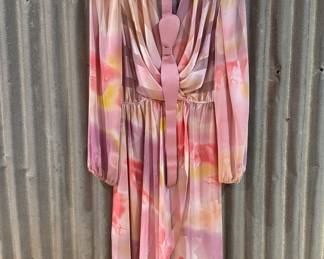 &#127800; Jackie Taub for Connections Pink Watercolor Draped Dress w/ Matching Tie Belt — 80s