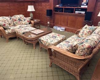 Braxton Culler Wicker loveseats, ottomans and coffee table and end tables