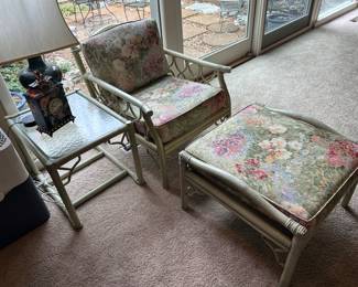 bamboo chair, ottoman and end table