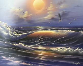 Sunset Beach Scene w/ Seagulls, Framed