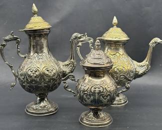 Embossed Silver Metal Creamer, Sugar, Teapot