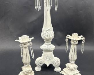 Trio of Shabby Chic Candlesticks w/ Crystal Prisms