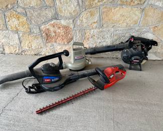 Gas powered and electric leaf blower; electric hedge trimmer.  