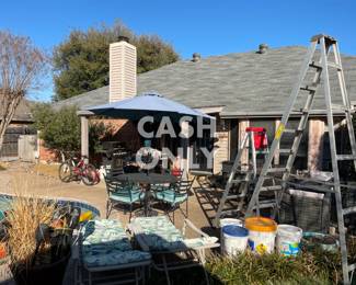 10ft and 6ft ladders, lounge chairs, large plant pots, table and chairs with umbrella.