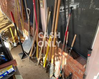 Garden tools, tamper, post-hole diggers, large gravel/snow shovel...