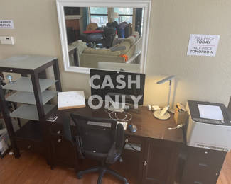 Desk, entertainment cabinet, thunderbolt monitor, laser printer...