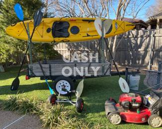 Small trailer with removable cargo rack, 10ft SOT kayak, kayak dolly, 4 kayak paddles, mower, hitch bike rack, hitch cargo carrier...