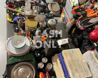 Camping equipment, propane stove, fishing tackle, large insulated ice chest...