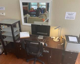 Desk, entertainment cabinet, thunderbolt monitor, laser printer...