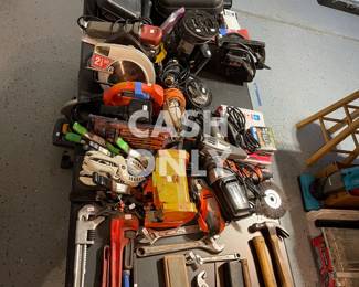 Hand tools, sanders, jigsaw, skill saw, grinder, vise, bar clamps, hedge trimmer, blowers...