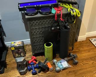 Miscellaneous  collection of workout equipment and  blackout lights