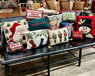 Christmas throw pillows, antique Windsor bench