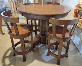 $150 PUB HEIGHT TABLE AND FOUR SWIVEL STOOLS ...TABLE 42" H....DIAMETER 36"...STOOLS 24" SEAT