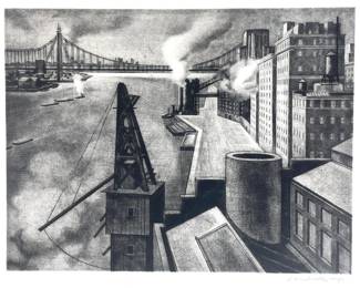 Armin Landeck (American, 1905-1984), East River, Manhattan, Etching.