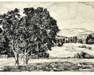 Luigi Lucioni (Italian American, 1900-1988), Vermont Pastoral, Signed Etching