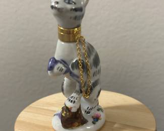 Antique porcelain perfume bottle , cat , mouse, brass collar, removable head