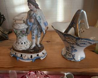 German Blue Boy porcelain figurine, Dresden/Meissen style porcelain basket
