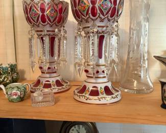anitque Bohemian white overlay cranberry glass mantle lusters