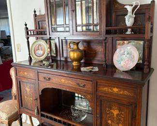 cake stand. pitcher, vase. decorative plates, serving buffet