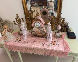 Vintage mantle clock figurines, candelabras, decor