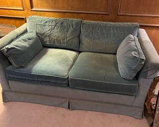 Blue Velvet Love Seat. Needs a good cleaning other than that she's charming and cozy.