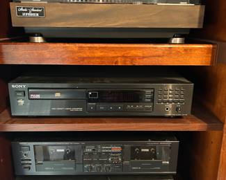 Sony Receiver, Yamaha Cassette Deck, Fisher Turntable, and Sony CD Player