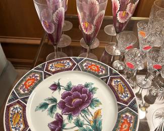 George Briard Kutani Amethyst Plates and Hand-painted Champagne Flutes