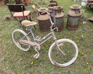 bike, cream cans, stool