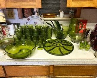 Green dishes, egg and relish plate, salad bowls, conidment set