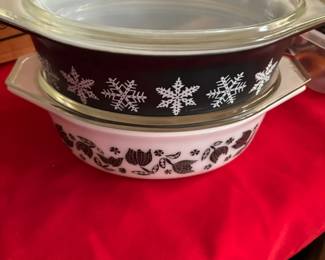 PYREX!!!!! 1956 Oval Snowflake casserole dish,  Black Tulips Pyrex dish