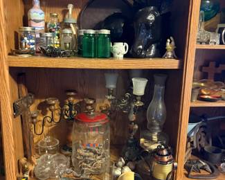 Lance jar, marbles, collectibles, oil lamps