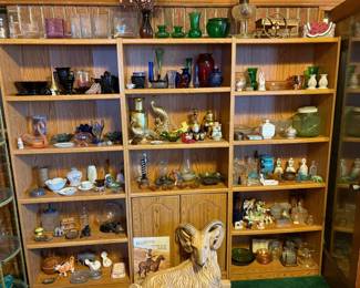 shelving, vases, ash trays, large goat, bells, art deco, Uranium glass, brass, glassware