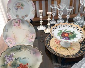 China plates, cut crystal  candlesticks