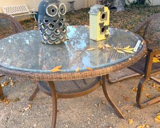 48” glass top resin wicket table + 4 chairs