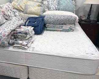 King mattress with boxspring + metal frame, bed linens
