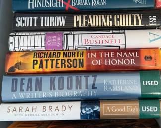 Coffee Table: art, travel, atlases
Cookbooks: Julia Child, Martha Stewart, crepes, Italian
Novels: Vince Flynn, John Sandford, John Grisham, Tom Clancy, WEB Griffin, David Baldacci, Stephen King, Maeve Binchy, Diana Gabaldon, Tami Hoag
Vintage: Pearl Buck, Virginia Wolfe, AA Milne, Cleveland Armorie

