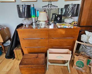 vintage mid century modern dresser and mirror, lava lamp, side lamps, vintage child's doll cradle, vintage wooden toy box