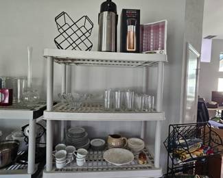  Vintage various kitchen items including corning ware, Temptations by Tara, Marble rolling pin, Marcrest, Gumps, La Cotta, Spun Aluminum cannisters, Pampered Chef, Bella Waffle Maker, Stanley Thermos, Vintage Noritake China