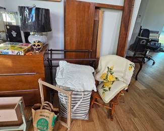 blanket holder, throw pillows, throw blanket, mid century modern standard bed frame