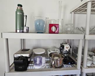  Vintage various kitchen items including corning ware, Temptations by Tara, Marble rolling pin, Marcrest, Gumps, La Cotta, Spun Aluminum cannisters, Pampered Chef, Bella Waffle Maker, Stanley Thermos,