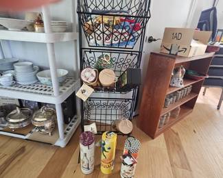 magazine rack, wine gift boxes, vintage aprons