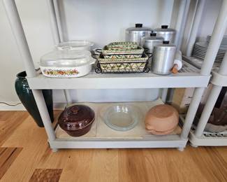  Vintage various kitchen items including corning ware, Temptations by Tara, Marble rolling pin, Marcrest, Gumps, La Cotta, Spun Aluminum cannisters, Pampered Chef, Bella Waffle Maker, Stanley Thermos