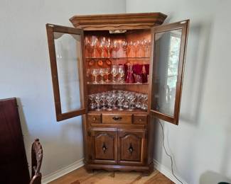 Vintage corner china hutch, various wine glasses