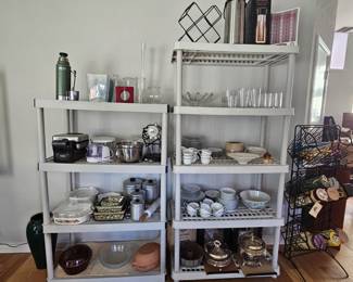  Vintage various kitchen items including corning ware, Temptations by Tara, Marble rolling pin, Marcrest, Gumps, La Cotta, Spun Aluminum cannisters, Pampered Chef, Bella Waffle Maker, Stanley Thermos, Vintage Noritake China