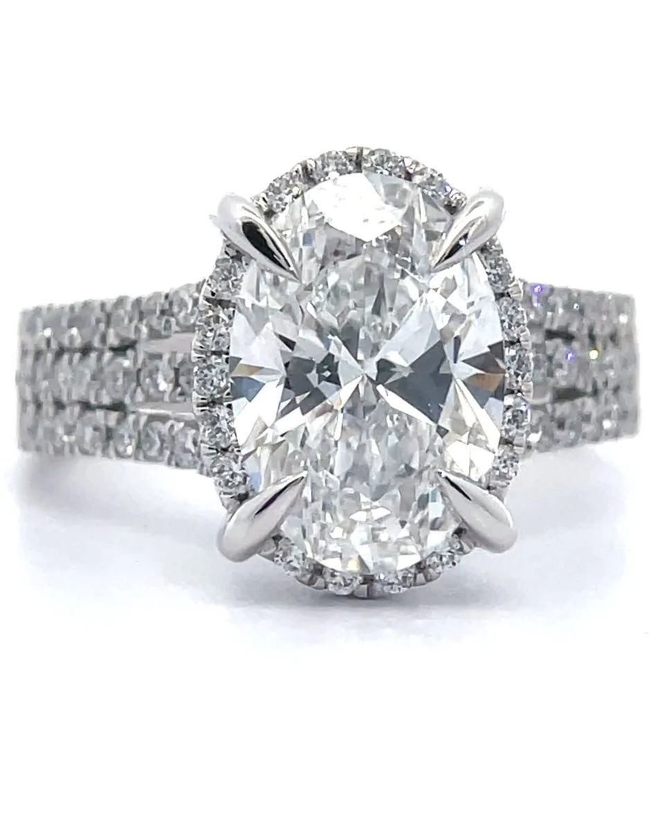 3.75 Carat Oval Diamond Hidden Halo Triple Row Ring in 14k White Gold