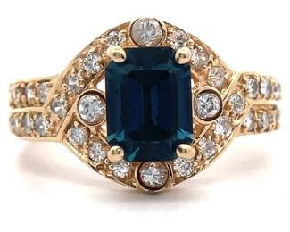 London Blue Topaz & Pavé Natural Diamond Halo Vintage Style Ring in Yellow Gold 