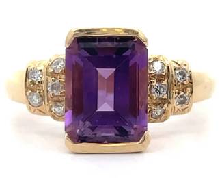 Emerald Cut Amethyst & Natural Diamond Tiered Ring in 14k Yellow Gold